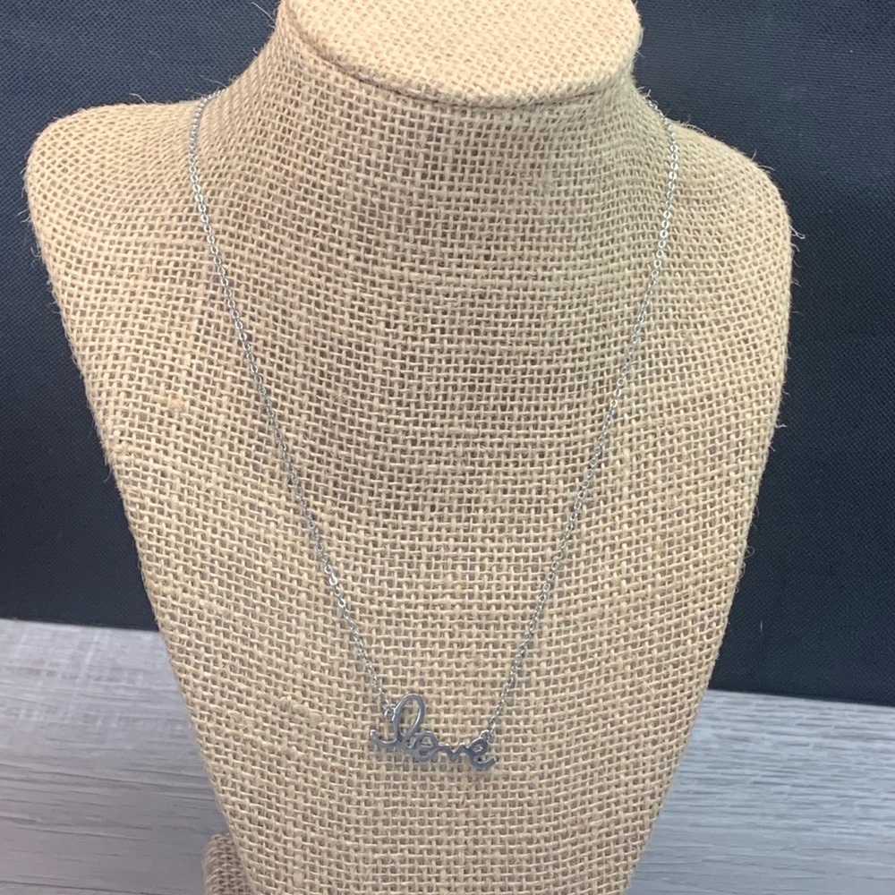Silver Tone Cursive Love Script Pendant Necklace 16 Inch Adjustable Chain 5500